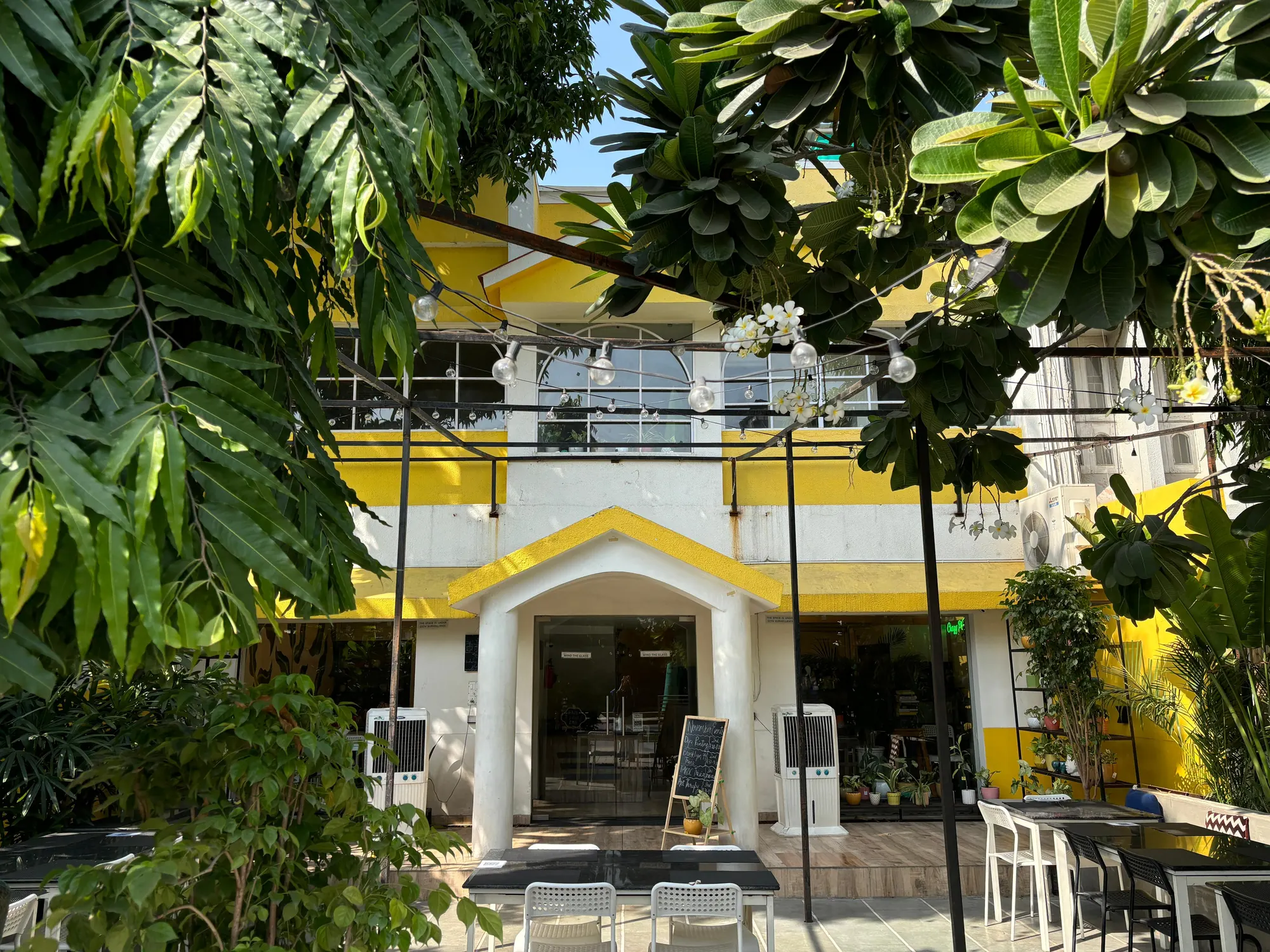 The café exterior, a yellow and white building framed by dense frangipani and banana leaves, with tables outside