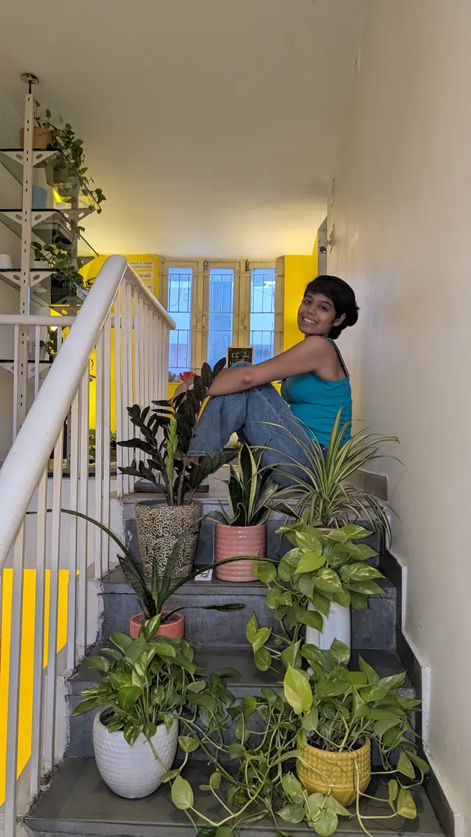 A stairwell lined on both sides with potted plants, painted yellow beyond
